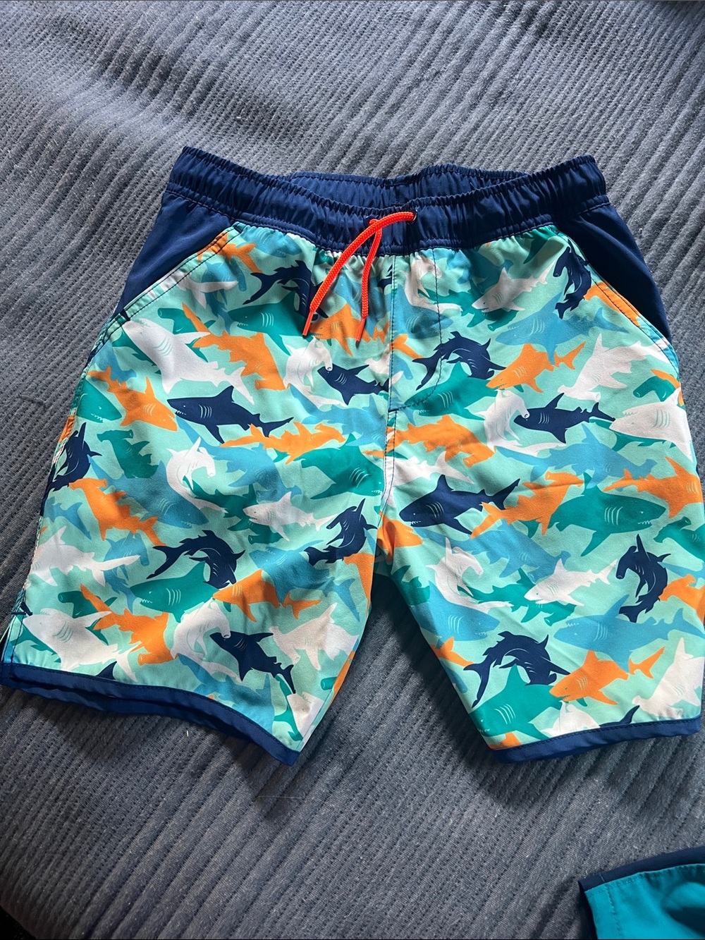 Lands' End Boys' Shark-Print Swim Trunks in Aqua, Navy and Orange